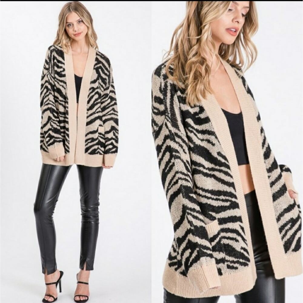 Idem ditto zebra stripe pocket cardigan black tan M/L